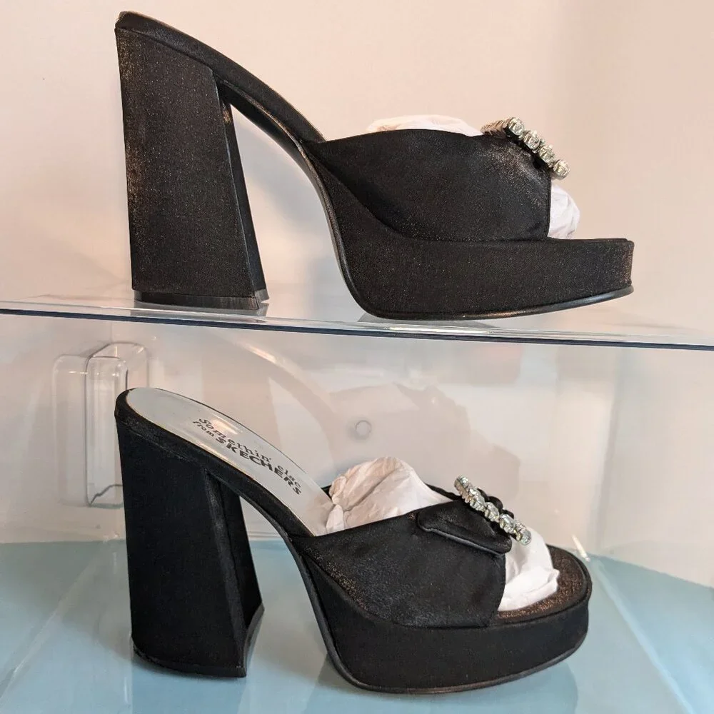 Vintage Chunky Heel Shimmer Black Platform Skechers Rhinestone Buckle Heels - Picture 7 of 16
